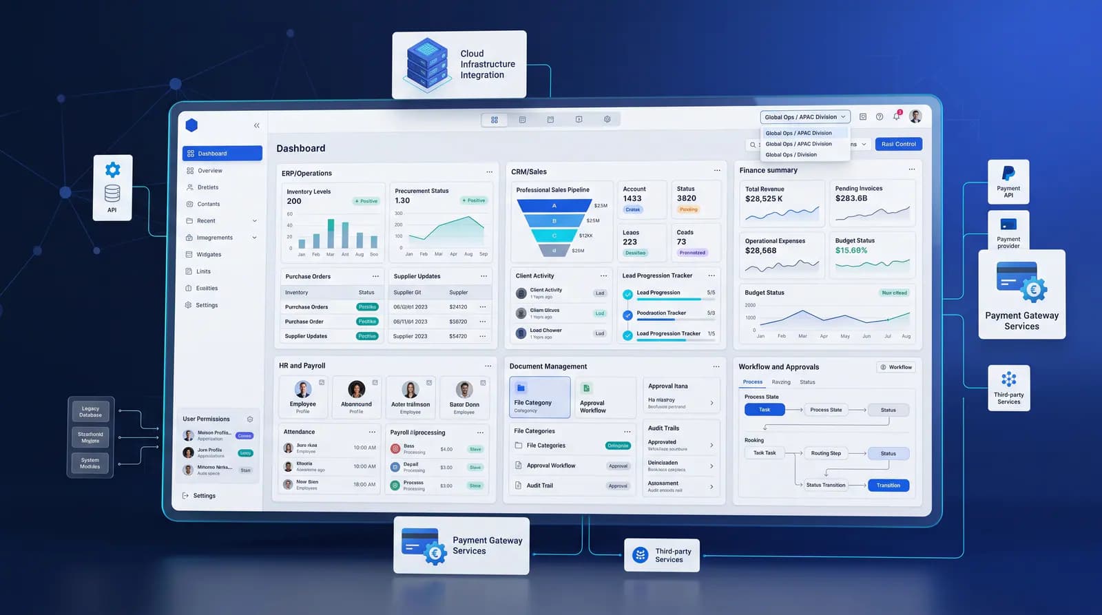 Connected custom software operations modules